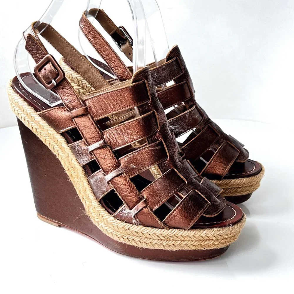 Christian Louboutin Bronze Barcelona Leather Espadrille Wedge Sandals Size EU 39